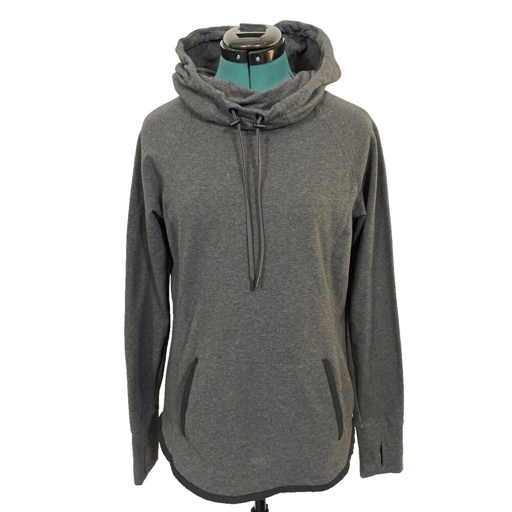 Athleta Sentry Cowl Neck Hoodie Pullover Sweatshirt Black Trim Womens Small Gray
